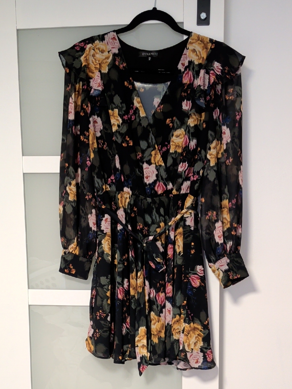 Dynamite Black Long Sleeve Floral Wrap Dress